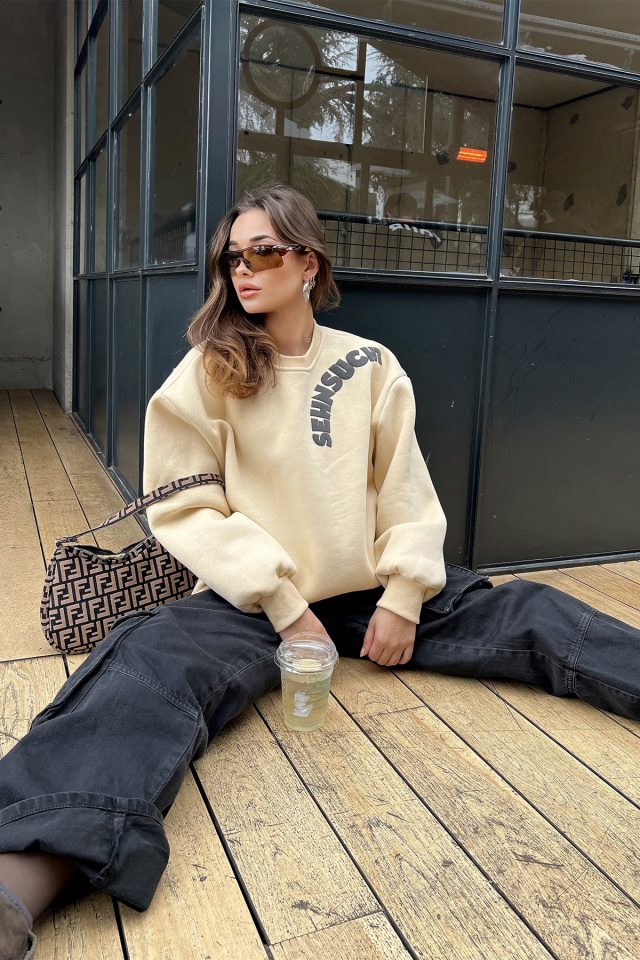 Bej Oversize Yazılı Sweat ATE3064 - 4