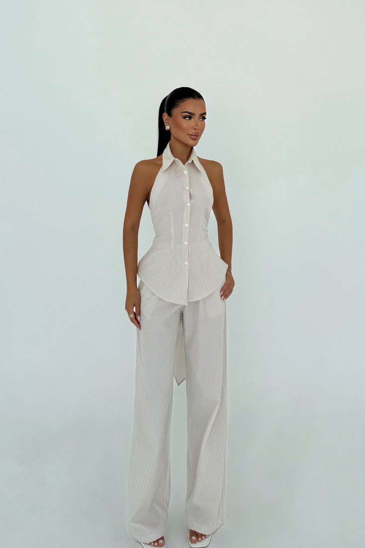 Bej Moxie Çizgili Arkadan Bağlamalı Takım ATE-3311 - EYYO