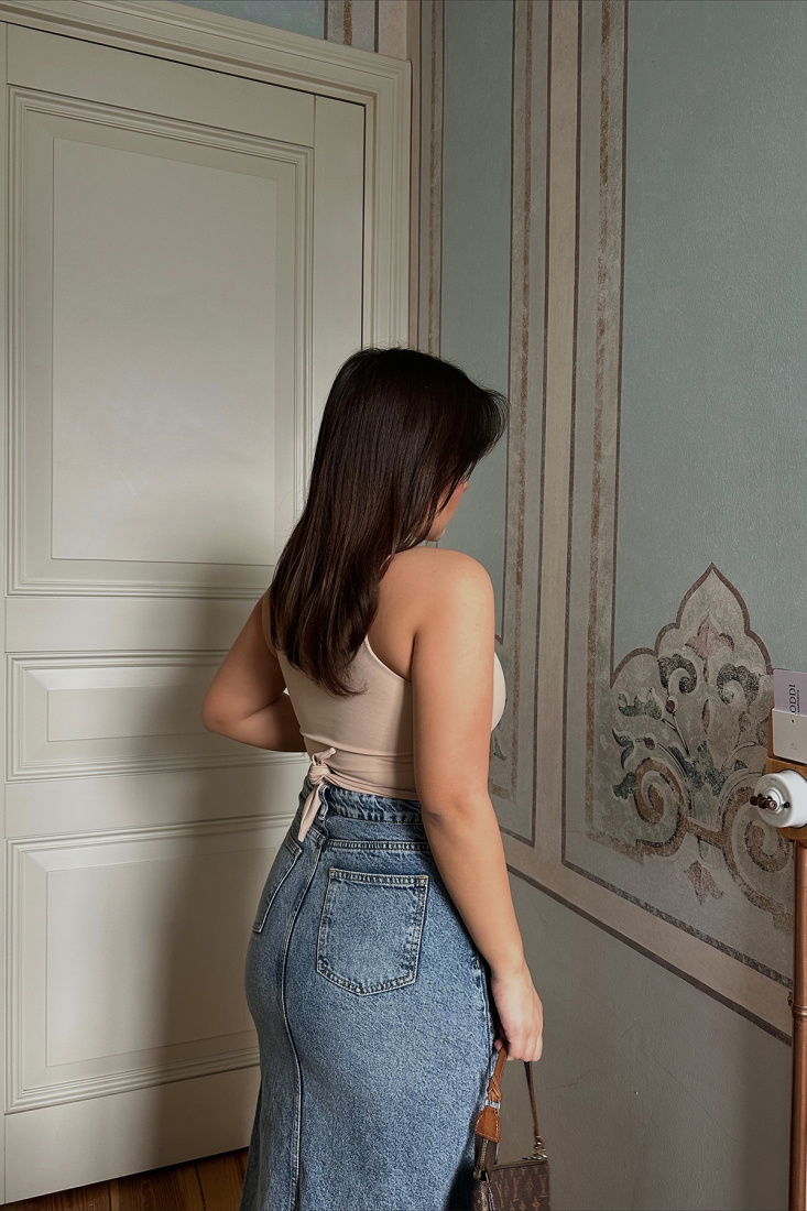 Bej Pencere Detay Bağlamalı Crop Top ATE3697 - EYYO