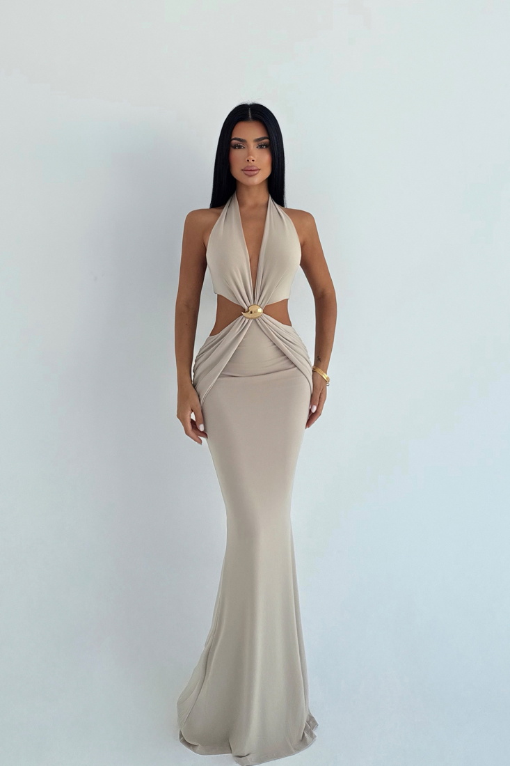 Bej Seamed Uzun Elbise ATE-3495 - EYYO