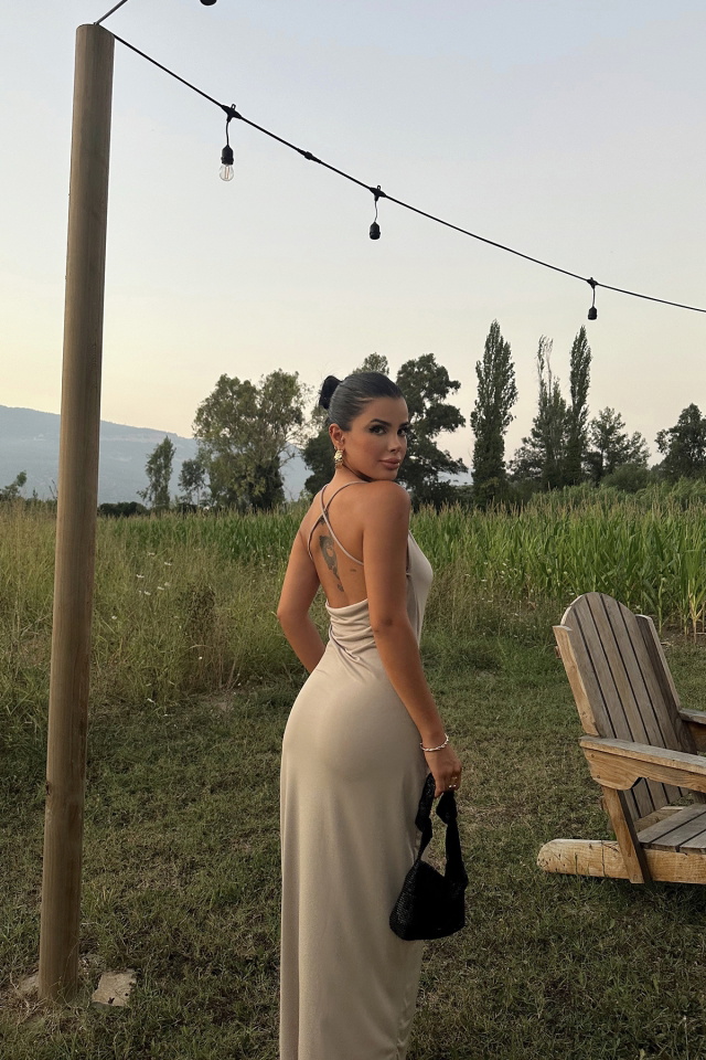 Bej Sırt Detay Derin Yırtmaçlı Elbise ATE8189 - 9