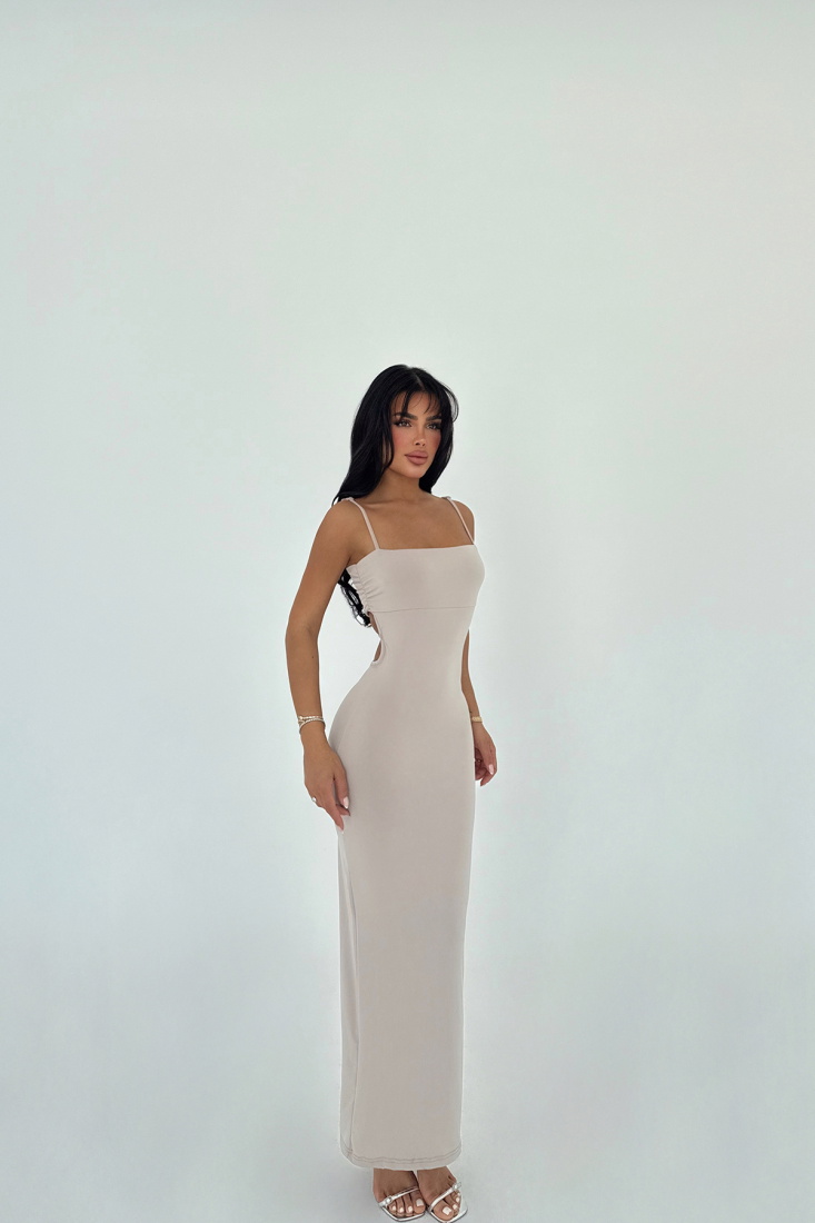 Bej Trudy Askılı Uzun Elbise ATE-1207 - EYYO