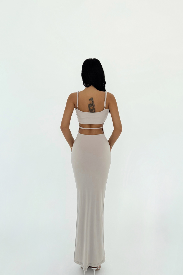 Bej Trudy Askılı Uzun Elbise ATE-1207 - EYYO