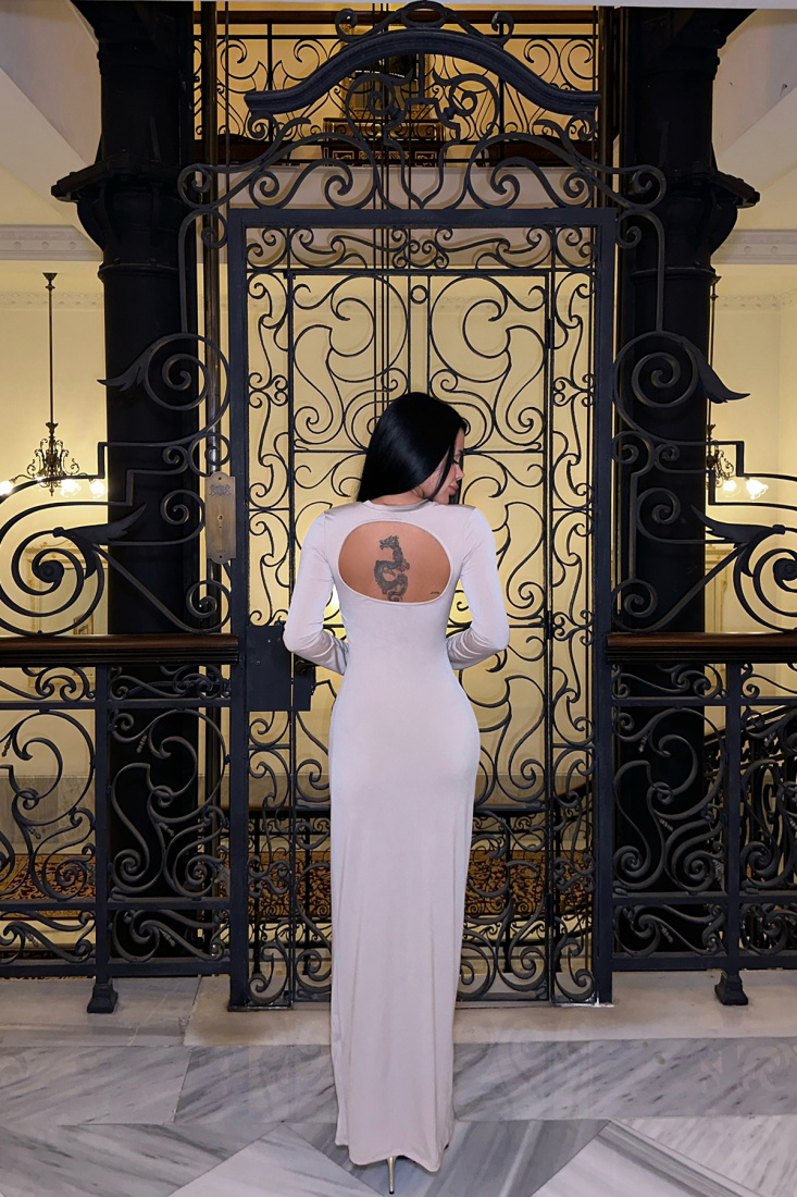 Bej Sırt Detay Uzun Elbise ATE-0203 - EYYO