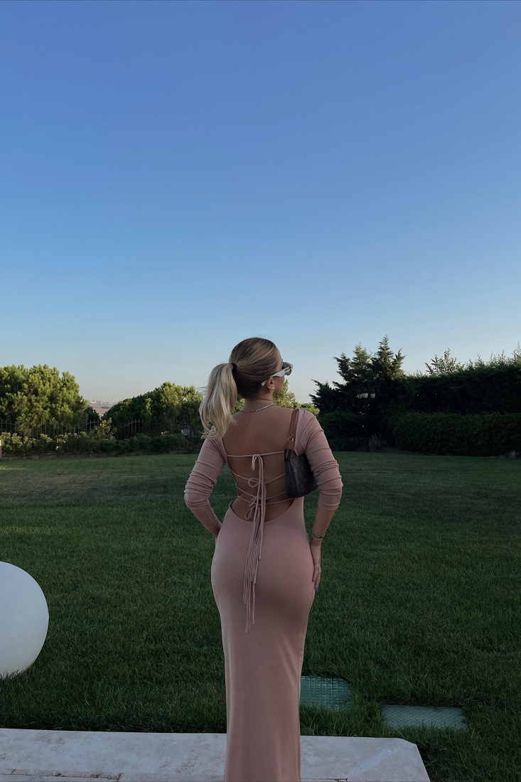 Lucilda Bej Sırtı Bağcık Detay Elbise ATE1919 - EYYO ATELIER