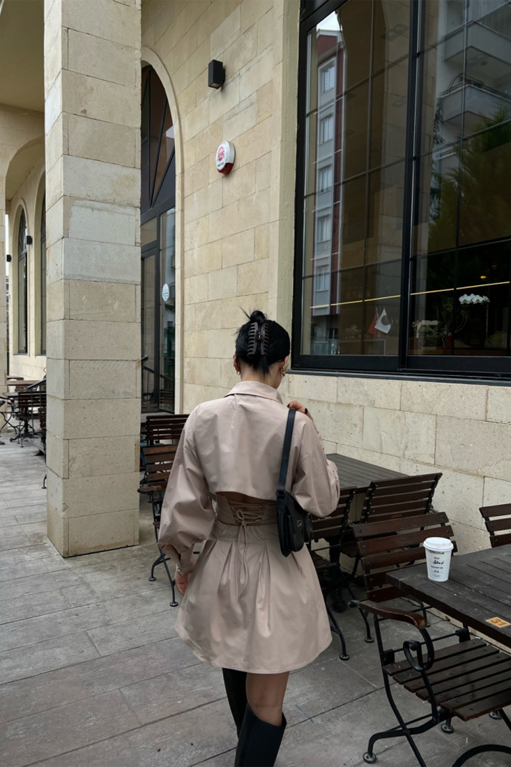 Bej Sırtı Bağlamalı Mini Elbise ATE4178 - EYYO