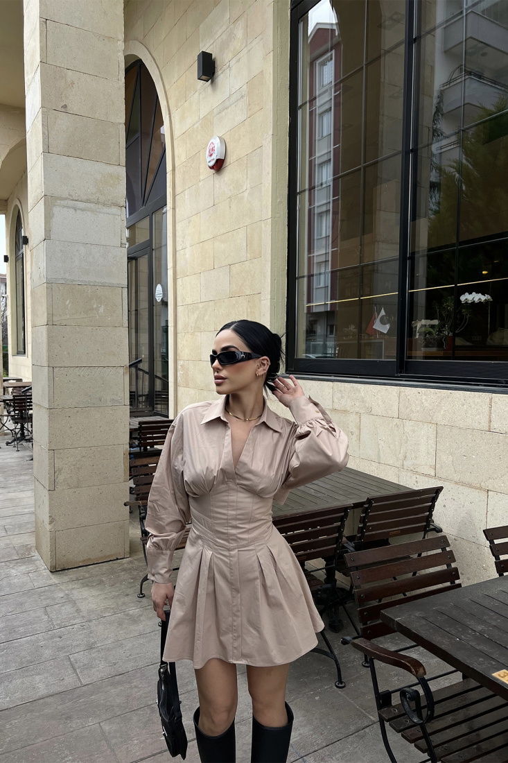 Bej Sırtı Bağlamalı Mini Elbise ATE4178 - EYYO