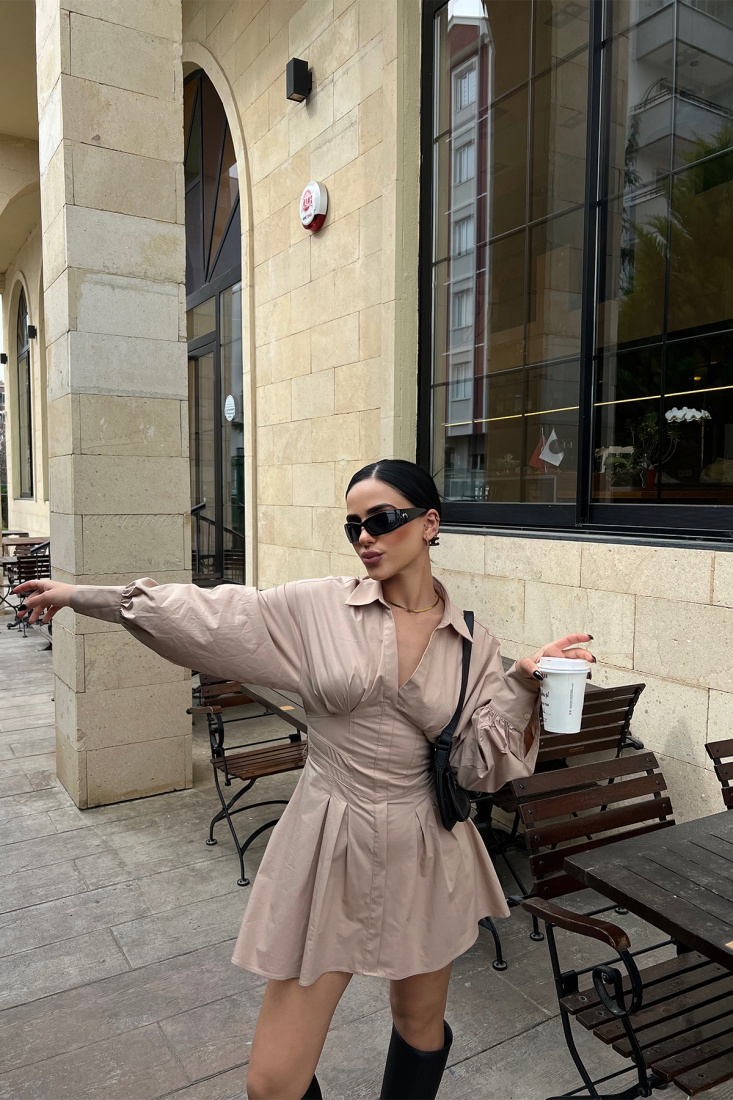 Bej Sırtı Bağlamalı Mini Elbise ATE4178 - EYYO