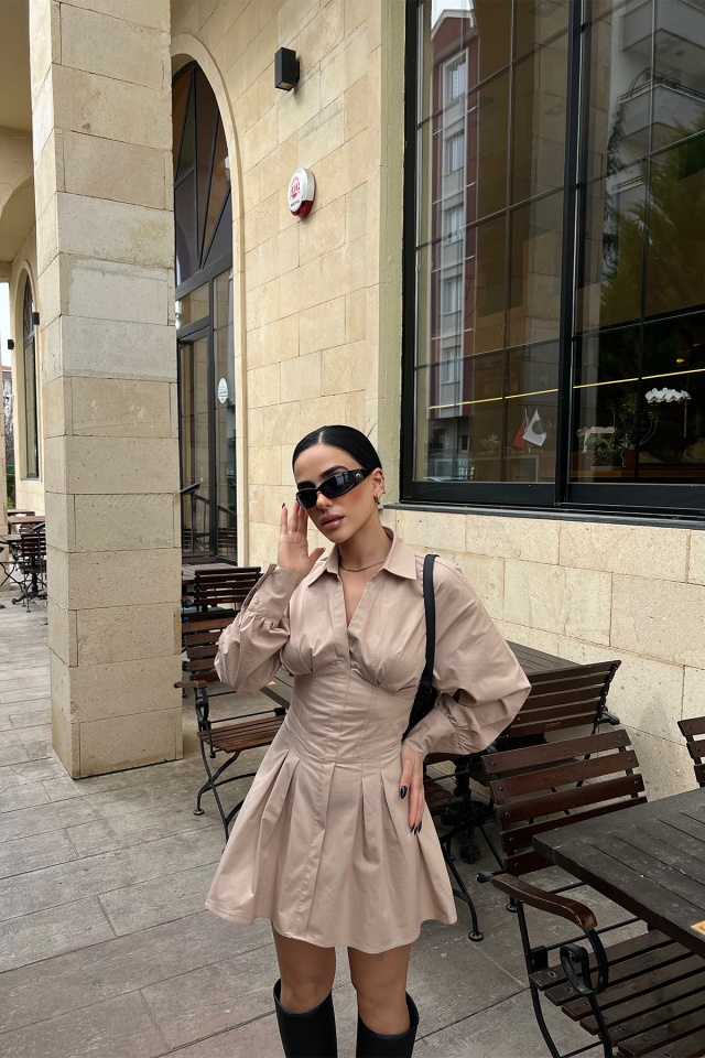 Bej Sırtı Bağlamalı Mini Elbise ATE4178 - 4