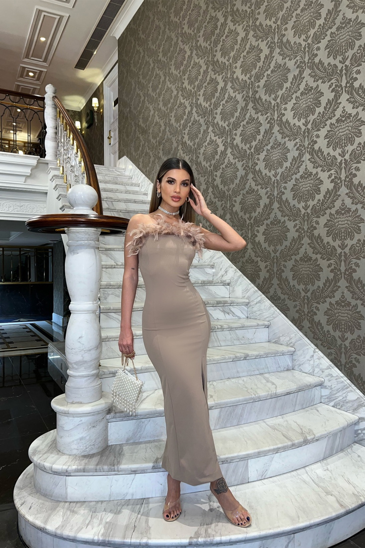 Bej Straplez Tüy Detay Elbise ATE4664 - EYYO