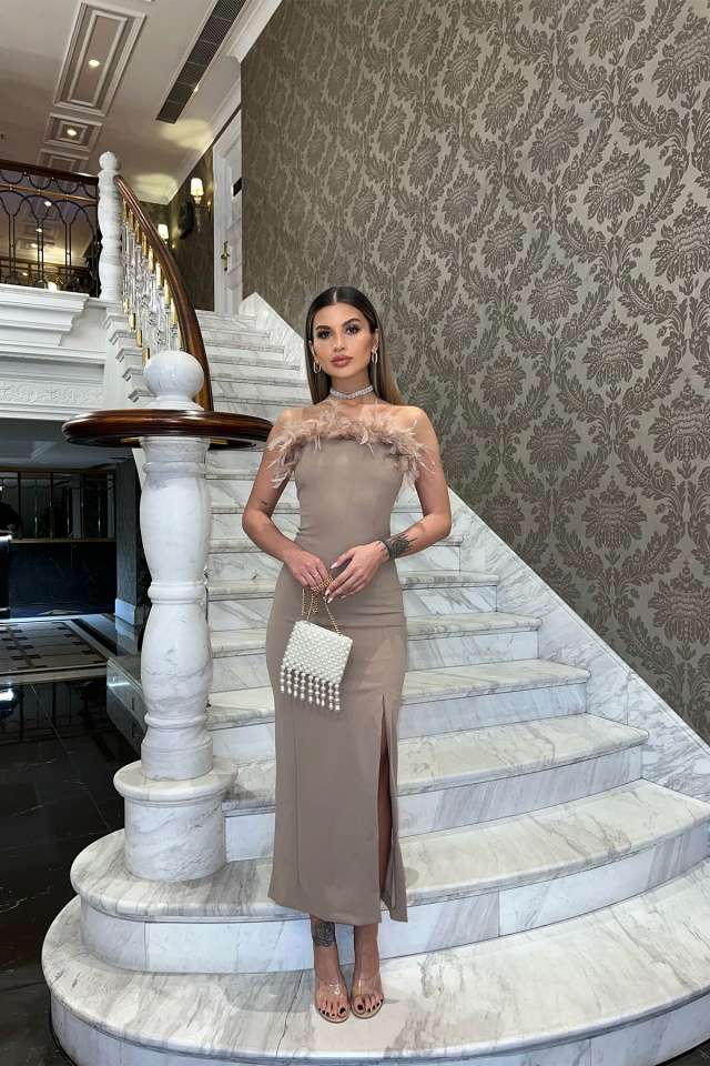 Bej Straplez Tüy Detay Elbise ATE4664 - 3