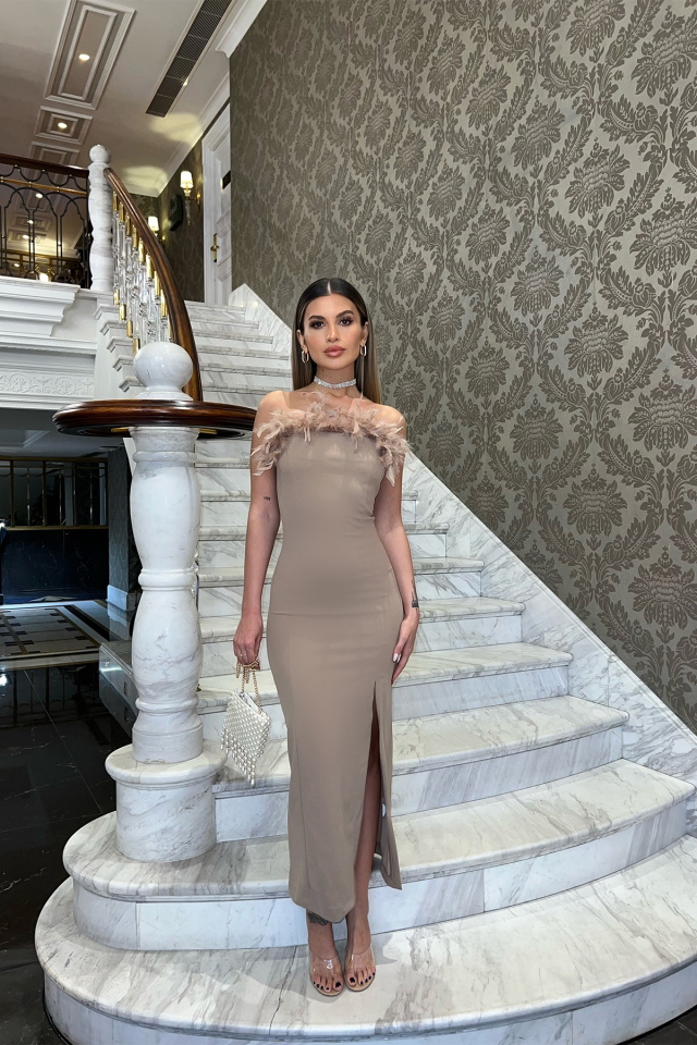 Bej Straplez Tüy Detay Elbise ATE4664 - 4