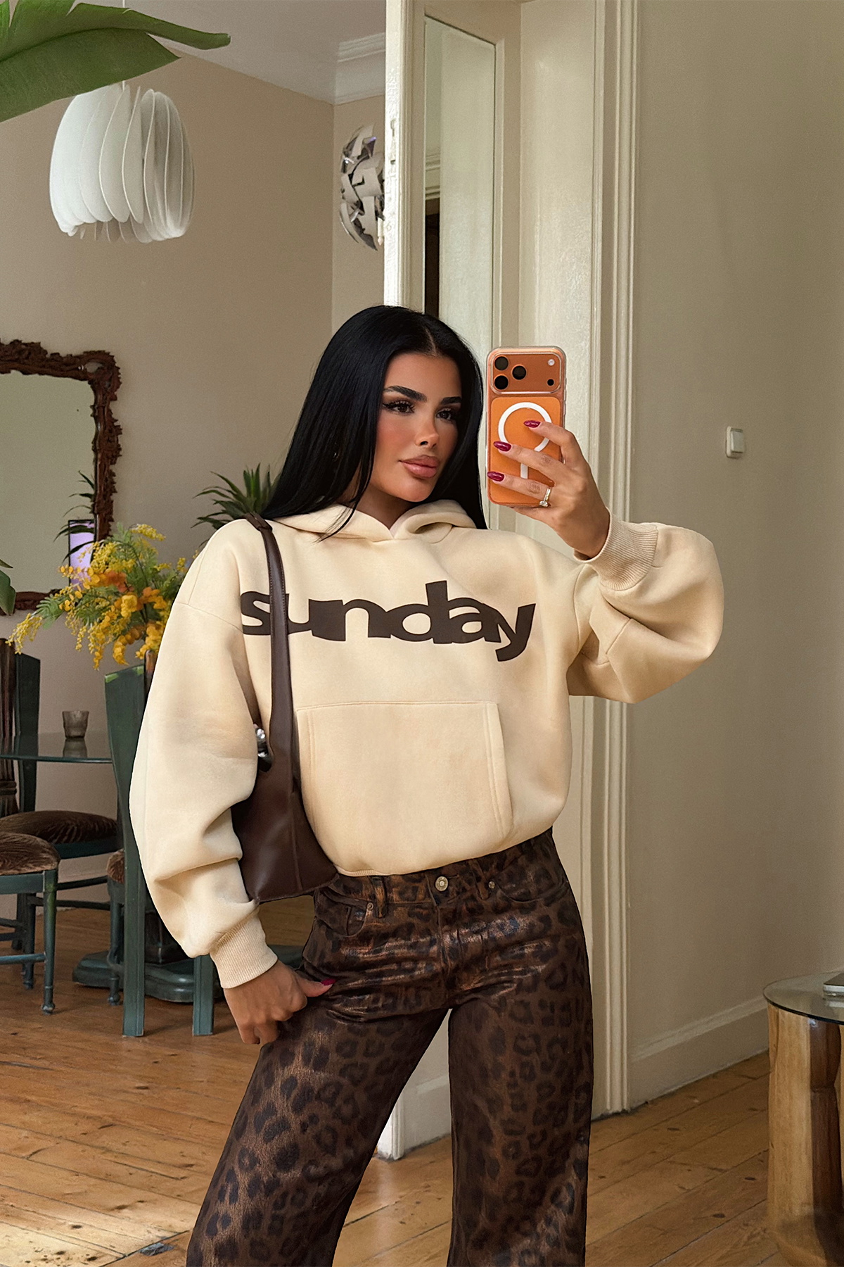 Bej Sunday Yazılı Hoodie