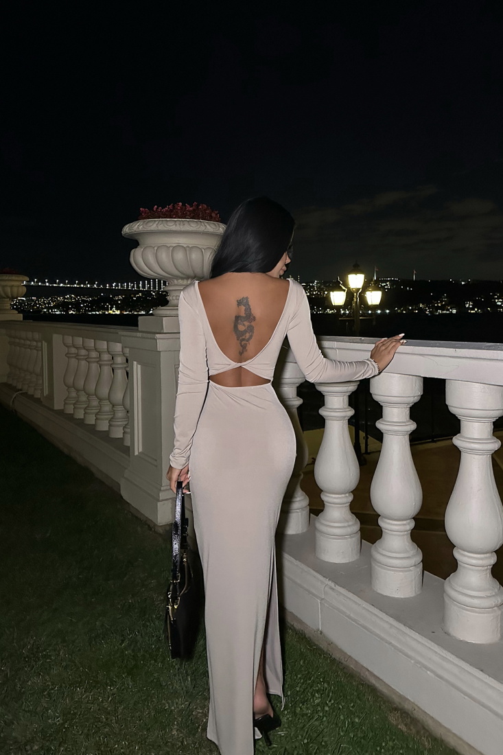 Bej Uzun Kol Elbise ATE8506 - EYYO