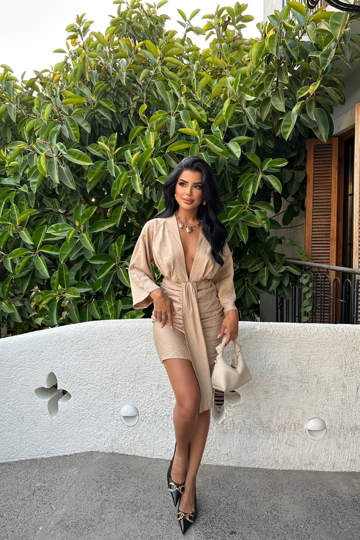 Bej Yanları Büzgülü Mini Elbise ATE8197 - EYYO