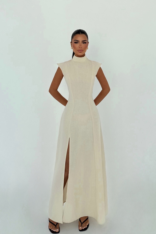 Bej Rochelle Uzun Yırtmaçlı Elbise ATE-3250 - 1