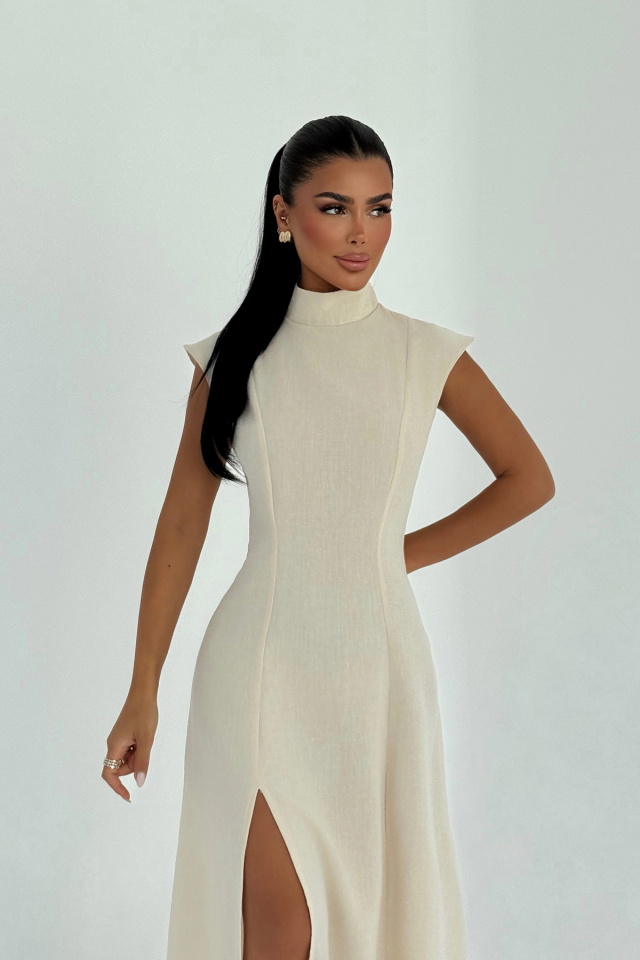 Bej Rochelle Uzun Yırtmaçlı Elbise ATE-3250 - 2