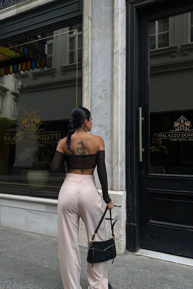 Bej Yüksek Bel Palazzo Pantolon ATE7886 - 4