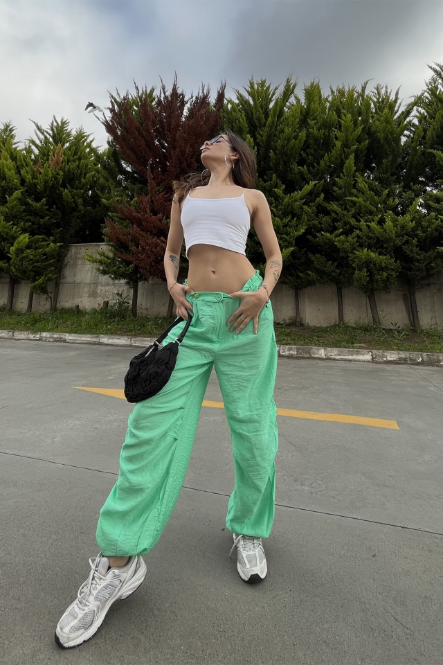 Benetton Yeşili Bağlamalı Pantolon ATE6696 - 2