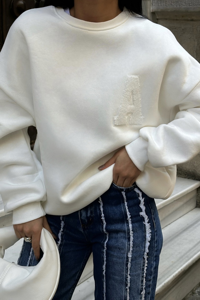 Beyaz A Nakışlı Sweat ATE-0703 - 2