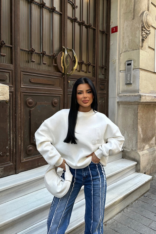 Beyaz A Nakışlı Sweat ATE-0703 