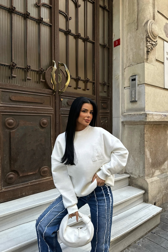 Beyaz A Nakışlı Sweat ATE-0703 - 3