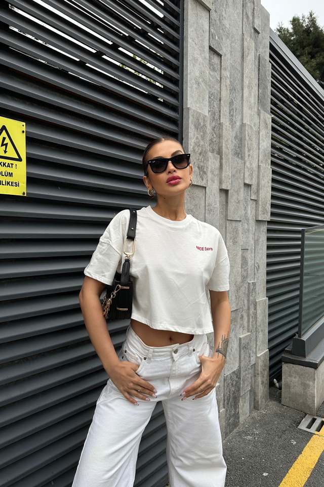 Beyaz Arkası Yazılı Crop Top ATE5093 - 4