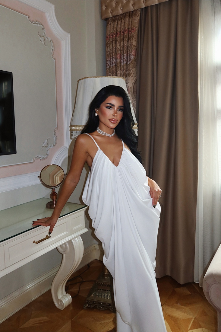 Beyaz Tulula Uzun Saten Elbise ATE-3678 - EYYO