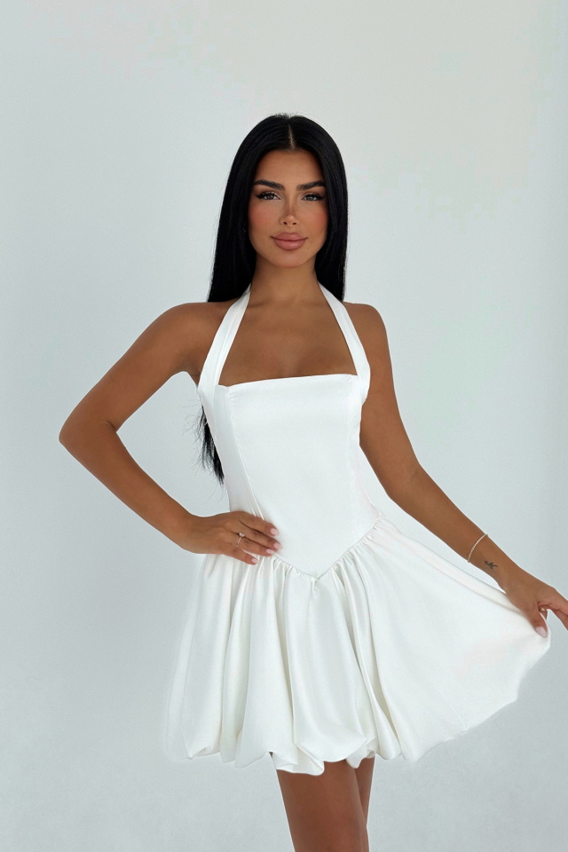 Beyaz Estella Mini Etek Ucu Balon Elbise ATE-3343 