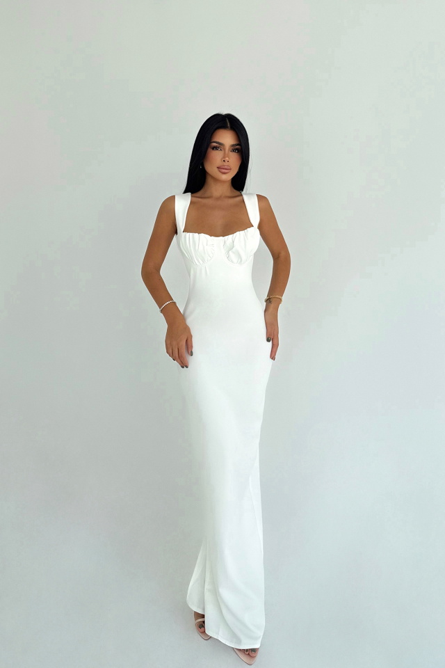 Beyaz Shawly Uzun Elbise ATE-3469 