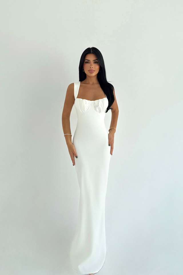 Beyaz Shawly Uzun Elbise ATE-3469 - 2