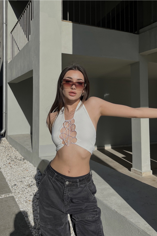 Beyaz Bağlamalı Crop Top ATE5122 - 3