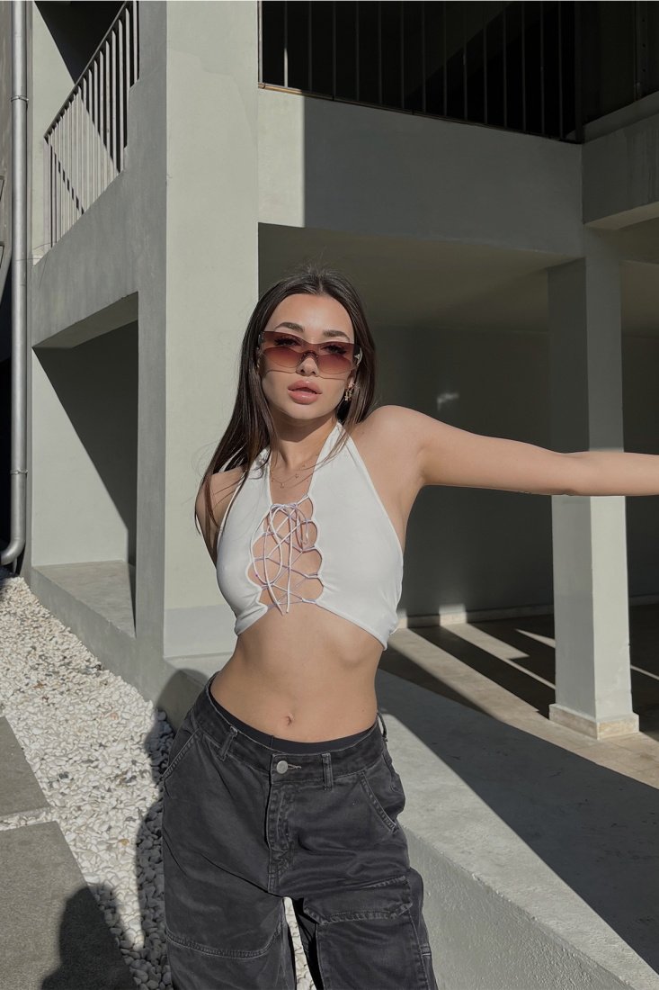 Beyaz Bağlamalı Crop Top ATE5122 - EYYO