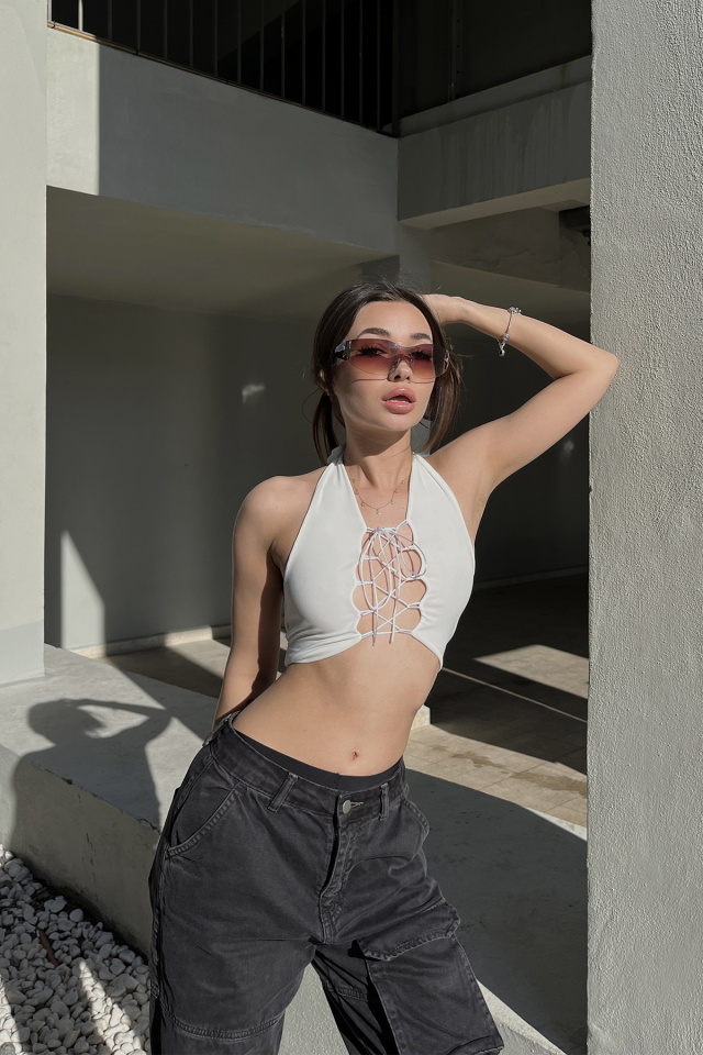 Beyaz Bağlamalı Crop Top ATE5122 - 4