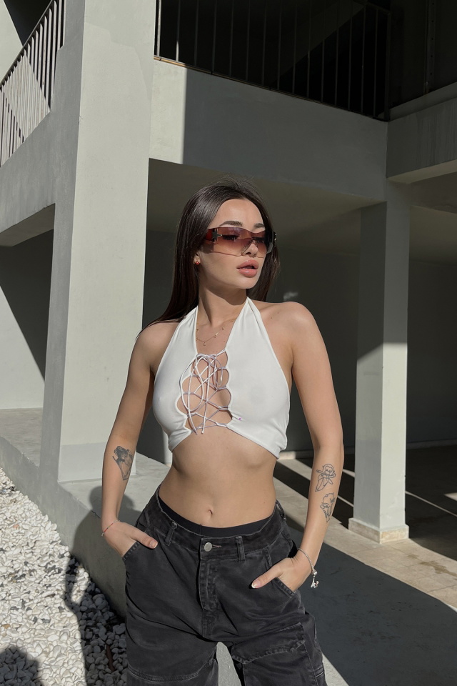 Beyaz Bağlamalı Crop Top ATE5122 - 2