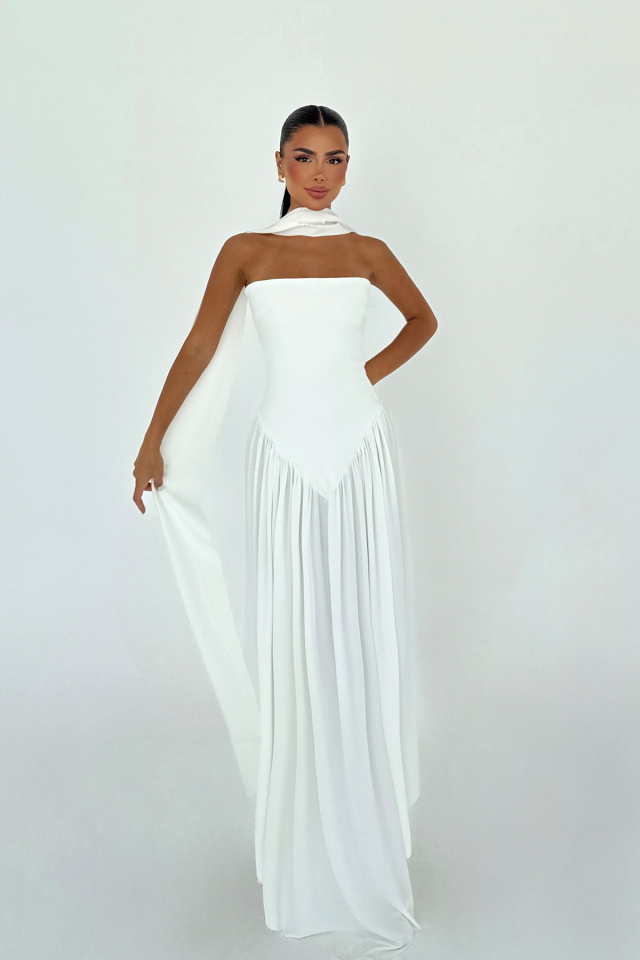 Beyaz Sinatra Uzun Elbise ATE-3501 