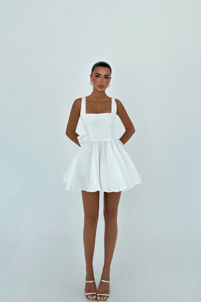Beyaz Nolan Arkası Fiyonk Detaylı Mini Elbise ATE-2944 - 2