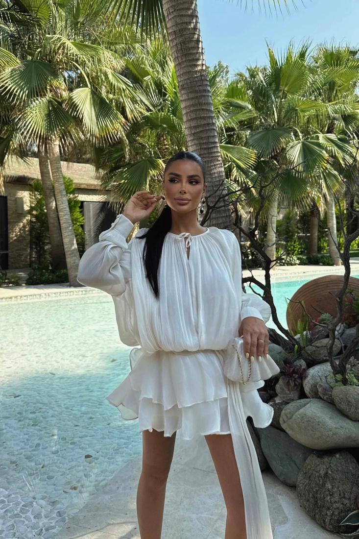 Beyaz Bağlamalı Mini Elbise ATE-2936 - EYYO