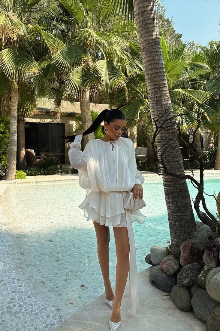 Beyaz Bağlamalı Mini Elbise ATE-2936 - EYYO