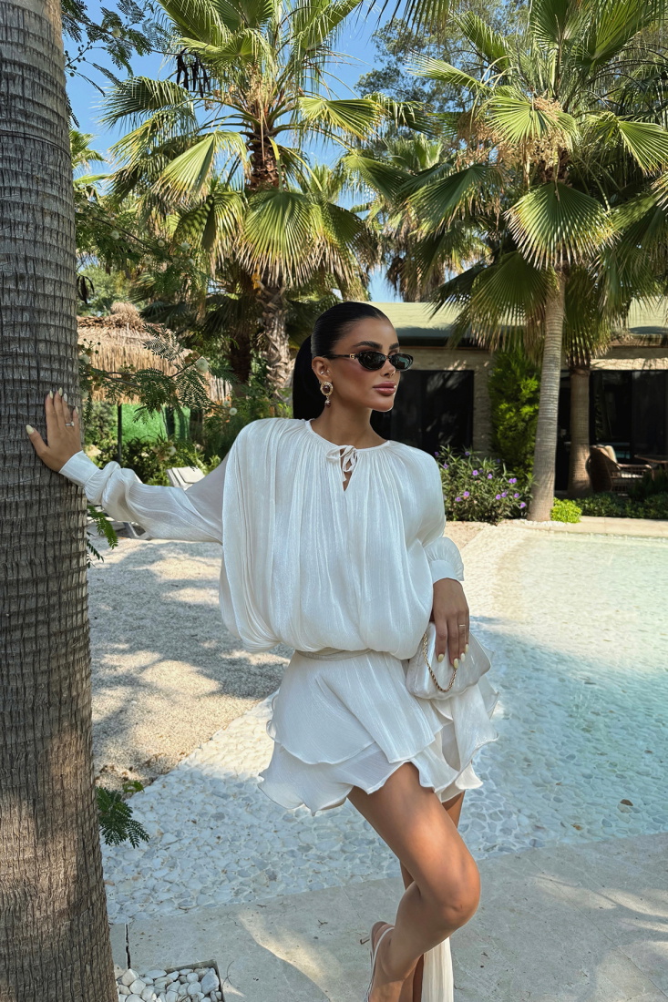 Beyaz Bağlamalı Mini Elbise ATE-2936 - EYYO