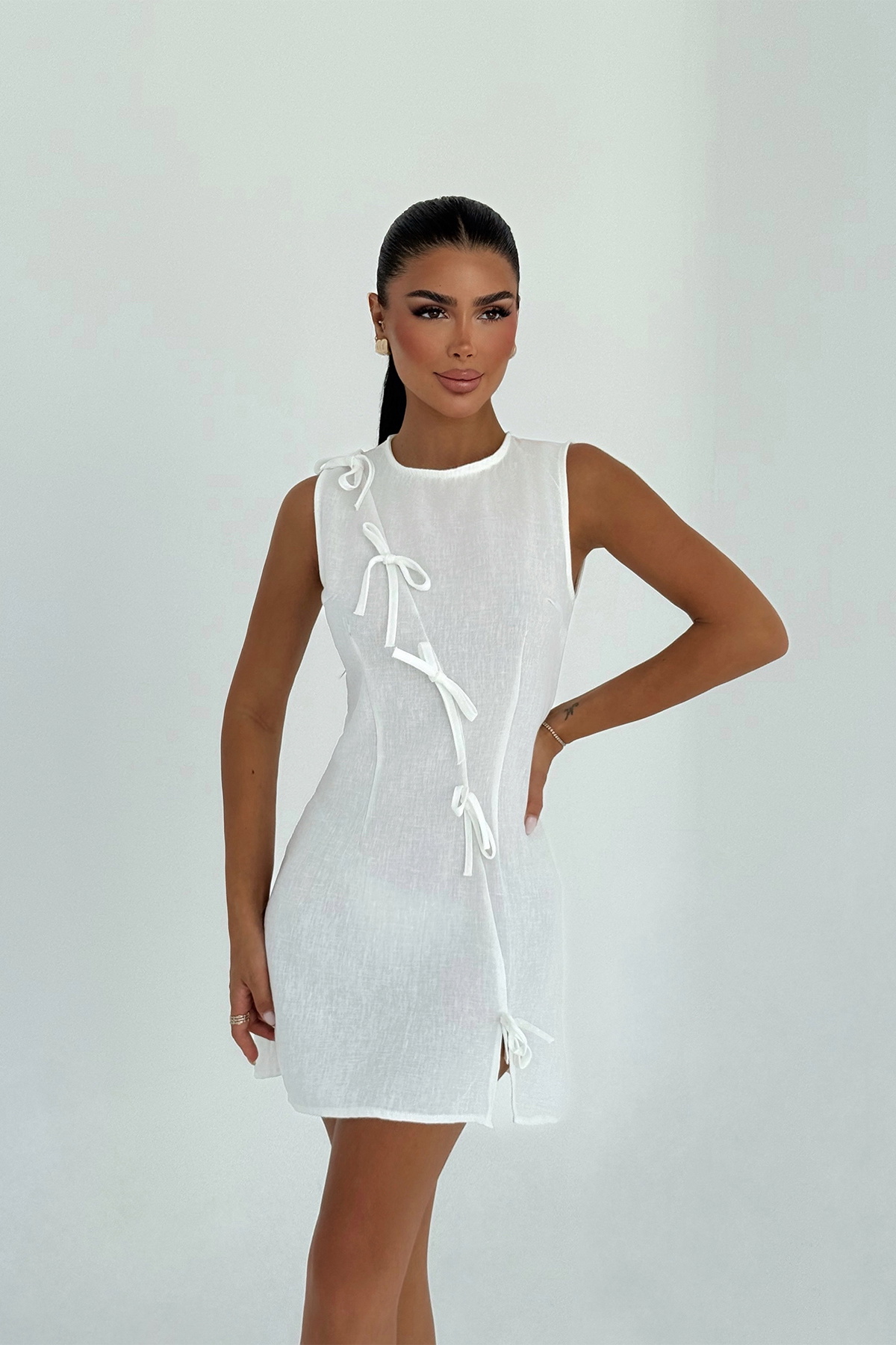 Beyaz Kathy Mini Fiyonklu Elbise - 1