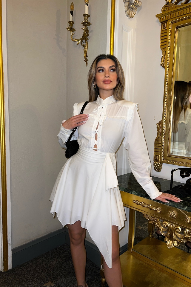 Beyaz Bağlamalı Mini Elbise ATE4324 - 9