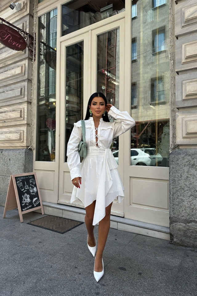 Beyaz Bağlamalı Mini Elbise ATE4324 - 4