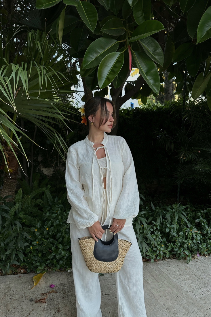 Beyaz Bağlamalı Pantolonlu Takım ATE7527 - EYYO