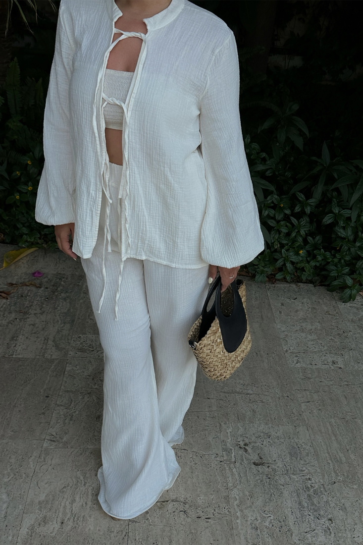 Beyaz Bağlamalı Pantolonlu Takım ATE7527 - EYYO