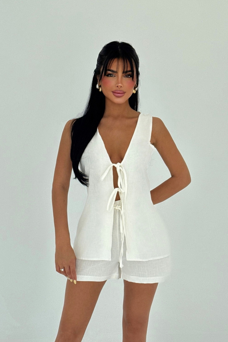 Beyaz Luiza Mini Keten Bağlamalı Takım ATE-2962 - EYYO