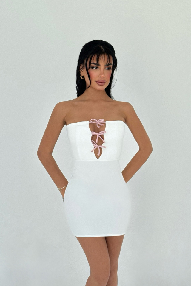 Beyaz Liesel Kurdele Detaylı Mini Elbise ATE-2776 - 1