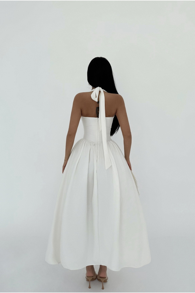 Beyaz Ballerina İncili Fiyonk Detay Elbise ATE-2557 - 10
