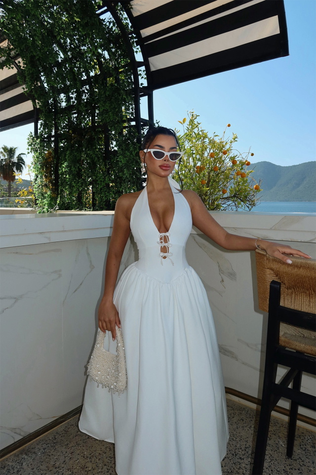 Beyaz Ballerina İncili Fiyonk Detay Elbise ATE-2557 - 1