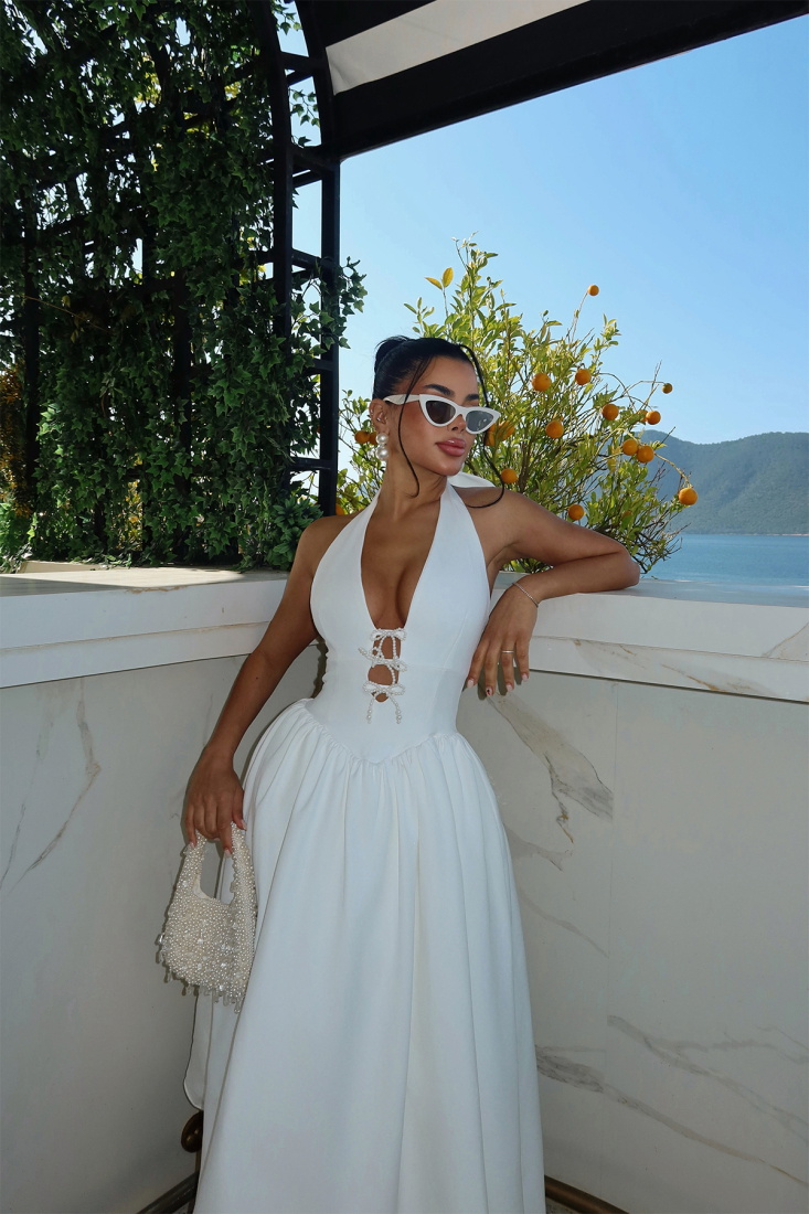 Beyaz Ballerina İncili Fiyonk Detay Elbise ATE-2557 - EYYO